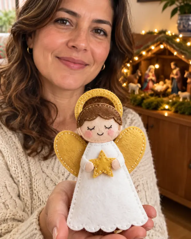 Mujer mostrando un ángel de fieltro hecho con el molde