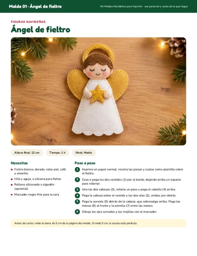 Ficha del ángel de fieltro con foto, materiales y paso a paso